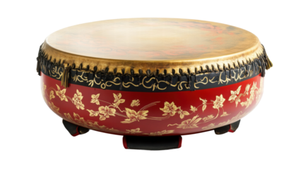 Traditional Chinese drum adorned with floral patterns and intricate designs is displayed for cultural festivities