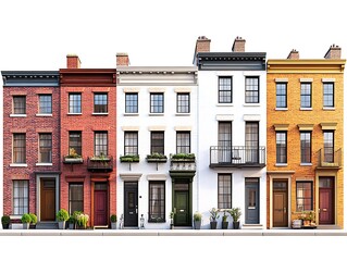 Fototapeta premium row of classic townhouses with brick facades isolated on white background