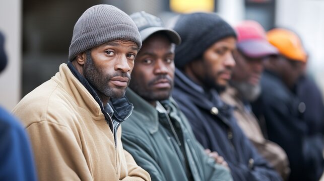Line of people outside unemployment office, reflecting the challenges and resilience of individuals facing economic hardship, community solidarity in uncertain times.