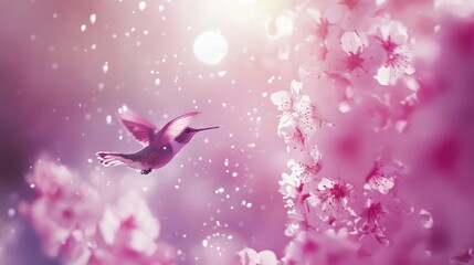 Delicate Hummingbird in a Blooming Flower Garden with Soft Lighting