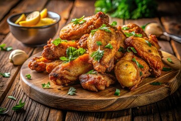 Fototapeta premium Crispy chicken wings and potato wedges: a simple, delicious homemade snack or easy dinner recipe.