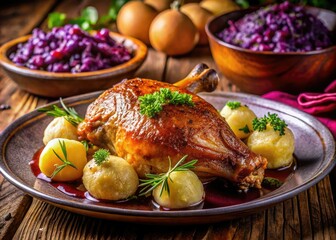 Crispy duck leg, fluffy potato dumplings, and tangy red cabbage, a visually stunning feast.