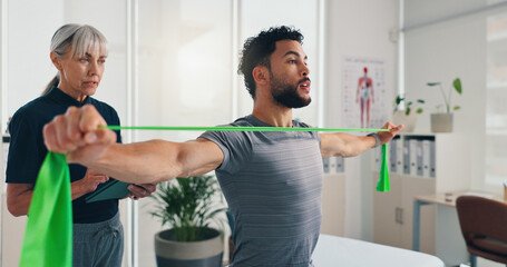 Physiotherapy, stretching or man with resistance band for arms recovery, muscle exercise or health. Mobility help, shoulder or male client with elastic for fitness, physical rehabilitation or balance
