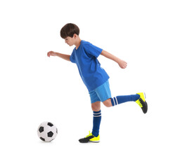 Boy with soccer ball playing football on white background