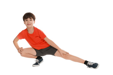 Obraz premium Boy doing exercise on white background. Sport activity