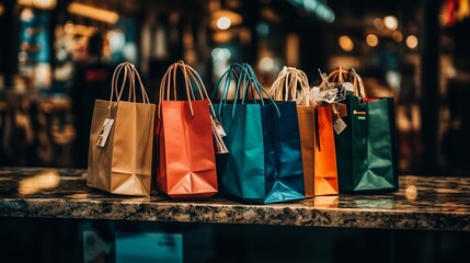 Shopping bags neatly arranged on a sleek counter, symbolizing the balance between consumerism and organization in modern retail environments.
