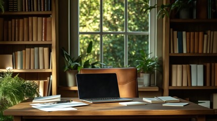 Fototapeta premium Home office setup. Laptop open on wooden desk. Books papers, notebooks surround laptop. Suggests busy work study space. Sunny day through window. Plants, wooden shelves in background. Cozy,