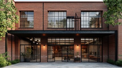 Industrial-style loft building, exposed steel beams, brick facade, modern architectural details, realistic 3D render 