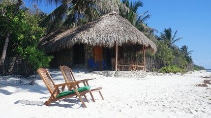 Peaceful Beachfront Hut with Chairs on Sandy Shoreline in Tropical Paradise