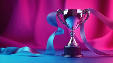 Shiny trophy with ribbon on colorful background. Celebrating achievement, success. Award for exceptional performance. Modern design for display. Prestige, recognition. Winning competition. Memorable