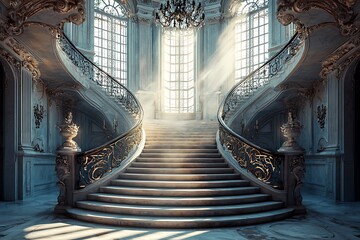 A glamorous staircase with stone steps, detailed iron railings, and large windows letting in bright natural light, designed for an opulent mansion. © Sona