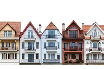 Fototapeta premium city row houses with identical architecture and shared balconies isolated on white background