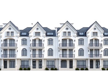 city row houses with identical architecture and shared balconies isolated on white background