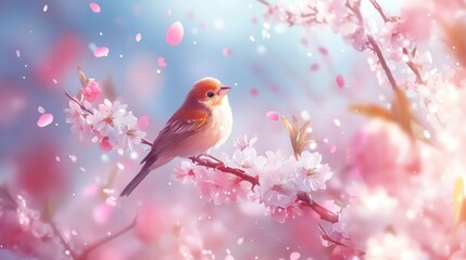 Bird on Cherry Blossom Branch Surrounded by Petals in Spring