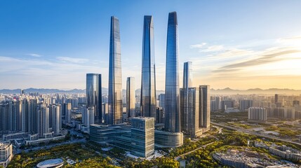 Obraz premium Business district buildings exterior showcasing modern architecture and urban landscape, symbolizing progress and innovation in city development.