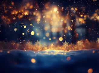 Magical winter scene with golden snowflakes, sparkling lights, and a soft snowy ground.  The warm glow creates a festive atmosphere.