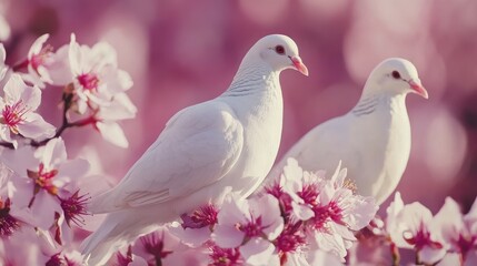 White Doves Perched on Cherry Blossom Branches in Soft Focus
