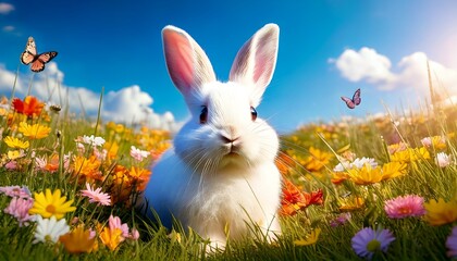 Adorable White Bunny in a Vibrant Spring Meadow with Butterflies