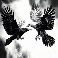 A dramatic depiction of a crow and an eagle locked in an intense aerial battle, symbolizing conflict, dominance, and survival, framed by stark monochromatic contrast.