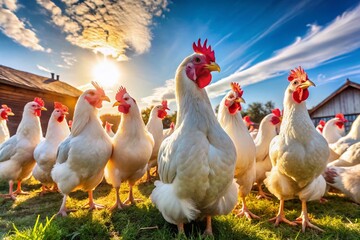 Fototapeta premium Happy Healthy Chickens Freely Roaming Farm Yard - Rural Idyll Stock Photo