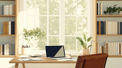 Fototapeta premium Cozy home office setup by window. Laptop open on desk with books papers, notebooks. Peaceful study work environment. Natural light streams in. Plants add touch of nature. Comfortable chair