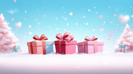 Three gift boxes in a snowy landscape.