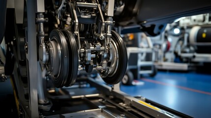 Airplane wheel compartment with mechanical components and hydraulic systems, essential for safe landing and takeoff. Precision engineering and aviation safety concepts.