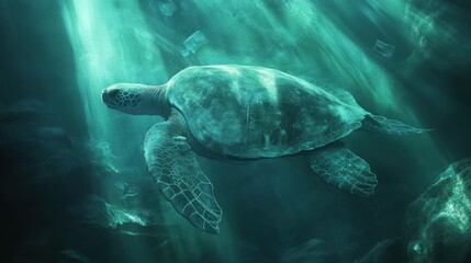 Fototapeta premium Sea Turtle Gliding Through Sunlit Ocean Depths