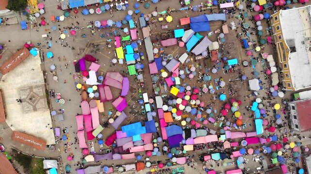 Aerial drone view flyby above the Central Market in San Juan Chamula - the authentic town in Chiapas, Mexico