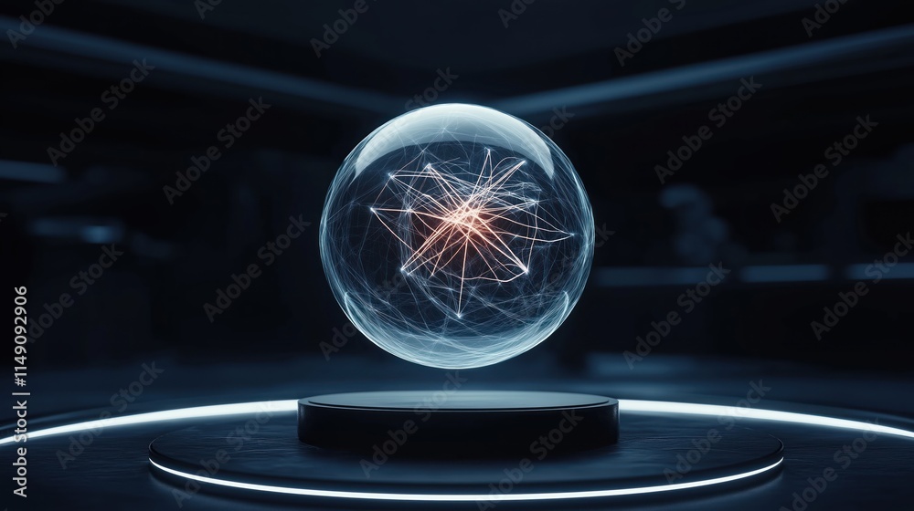 Poster futuristic lab displays interactive quantum entanglement model. digital sphere shows particle intera