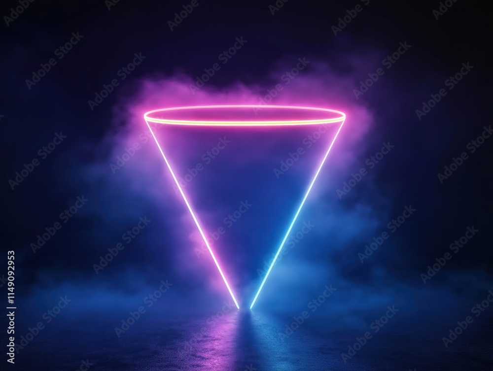 Poster futuristic funnel shape with vibrant neon lines and smoke. glowing lines create dynamic pattern in d