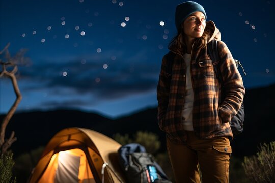 Young woman hiker standing near her tent in the mountains at night