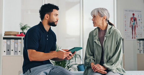 Tablet, physical therapy and senior woman at consultation for problem, inflammation or arthritis....