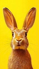 Obraz premium A close-up of a rabbit against a bright yellow background, showcasing its features.