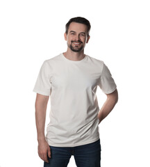 Obraz premium Man in blank t-shirt on white background. Mockup for design