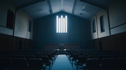 Naklejka premium Corporate bankruptcy hearing room filled with solemn atmosphere, legal professionals and stakeholders discussing financial restructuring and future prospects.