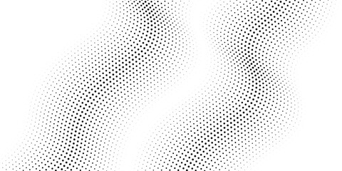 Flowing dots particles wave pattern halftone gradient curve shape isolated on white background. Vector in concept of technology, science, music