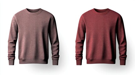 Two blank sweatshirts, maroon and brown, front view.