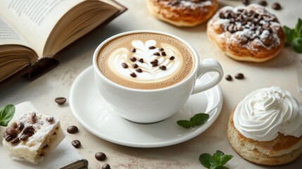 Latte art coffee with pastries and book.