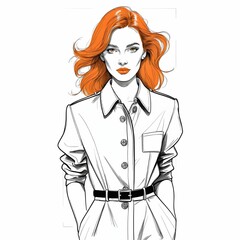 この画像は、スタイリッシュな女性を描いたイラストで、やわらかな赤系の色調が特徴。短めのカールした髪型と魅力的な笑顔が印象的で、シンプルながらも淑女らしさを引き立てるタッチが施されている。優雅で親しみやすい雰囲気があり、女性の魅力を存分に表現している。