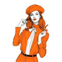 この画像は、赤いドレスを着たエレガントな女性を描いたイラスト。肩紐のあるシンプルで洗練されたドレスが、女性の魅力を引き立てている。花飾りが髪に添えられ、優雅さと情熱的な雰囲気を演出している。繊細なラインと現代的なタッチが融合したスタイル。