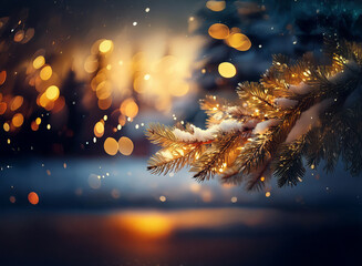 Snow-covered evergreen branch adorned with warm golden lights, bokeh effect, winter wonderland scene.  Falling snow adds to the magical ambiance.