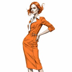 この画像は、優雅に歩く女性を描いたイラスト。流れるようなドレスのラインが美しく、背中に赤い水彩のアクセントが情熱的な雰囲気を醸し出している。繊細な線画と洗練されたデザインが魅力的で、女性らしい品格と気品を感じさせる作品。