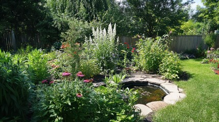 Lush garden with pond, flowers, and trees.
