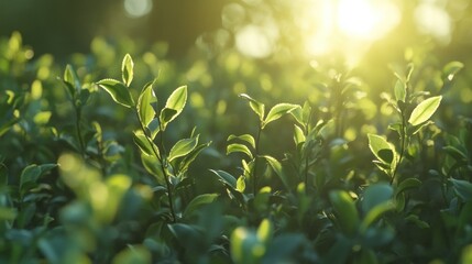 Fototapeta premium Lush green foliage backlit by warm sunlight.