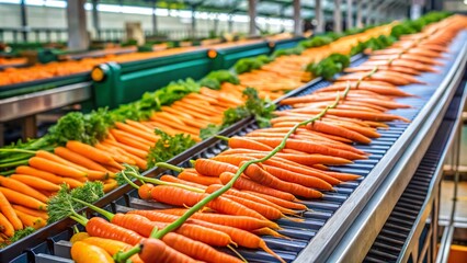 High-Depth-of-Field Photo: Conveyor Belt Packing Fresh Carrots - Industrial Horticulture
