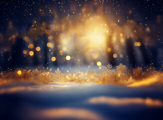 Naklejka premium Magical winter scene. Golden light filters through snow-covered trees, creating a whimsical, enchanting atmosphere. Sparkling snowflakes add to the festive feel.