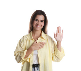 Woman making promise with raised hand on white background. Oath gesture