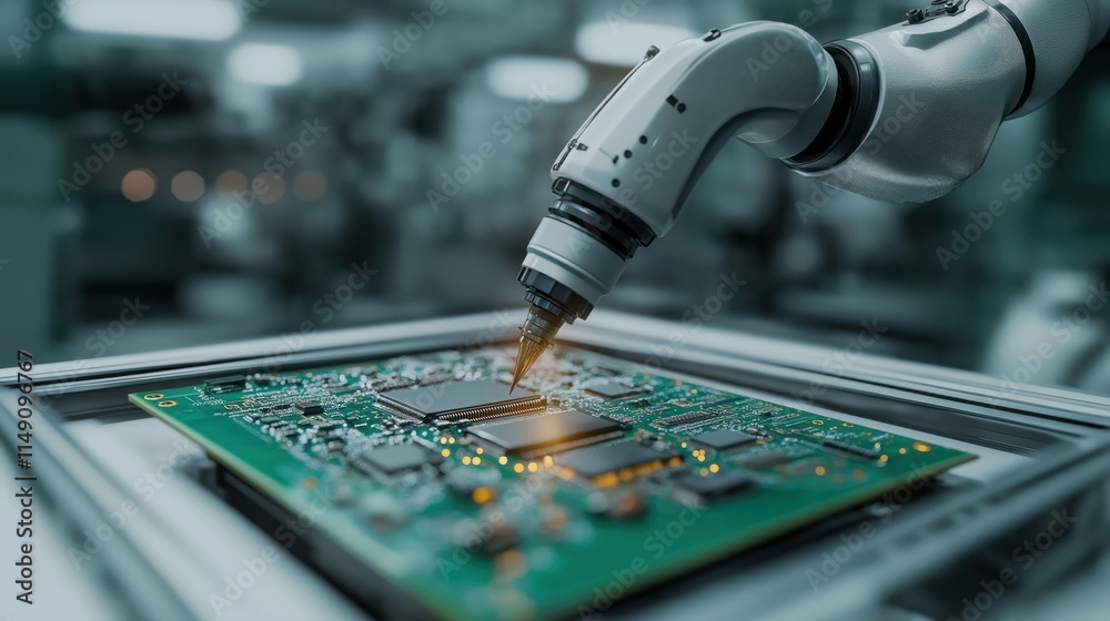 Poster robotic arm precisely installs component on circuit board in factory. advanced tech for electronics 