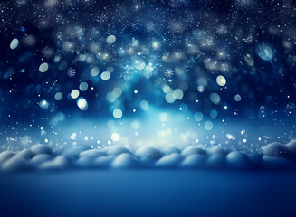 A magical winter scene.  Glimmering snowflakes fall against a dark blue sky,  illuminated by soft, glowing lights.  Snow drifts softly in the foreground.